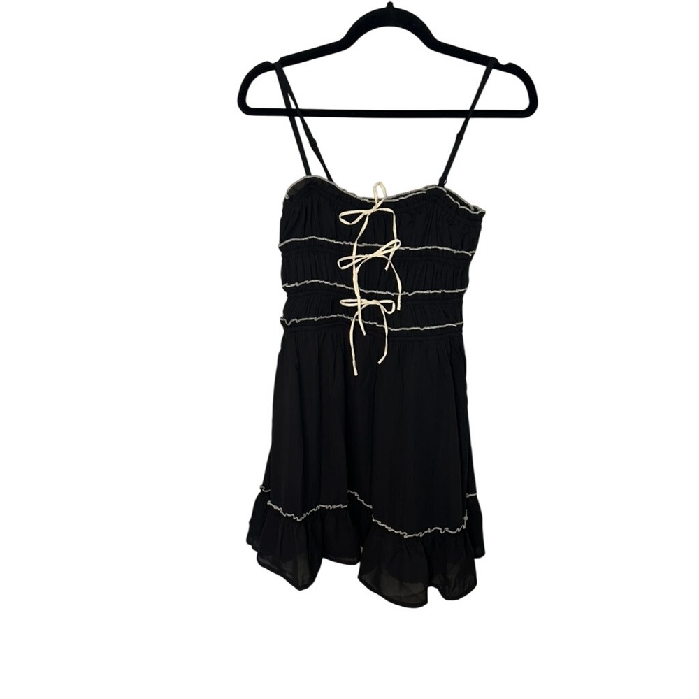 Black Dress Sleeveless Mini Ruffle Trim Lace Up Smocked Sundress Summer